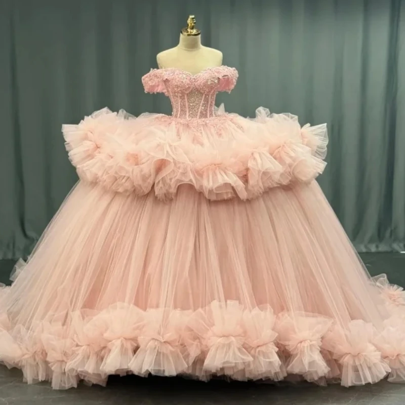 

Gorgeous Vestido De xv Anos Off Shoulder Beads Ruffle Puffy Tulle Women Birthday Party 15 16 Girl Quinceanera Gown 14 Customized
