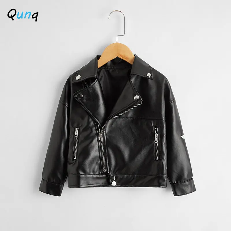 

Qunq 2022 Autumn/Winter Boys solid Long Sleeve Turn-down Collar Zipper Handsome Leather Jacket Casual Kids Clouthes Age 3T-8T