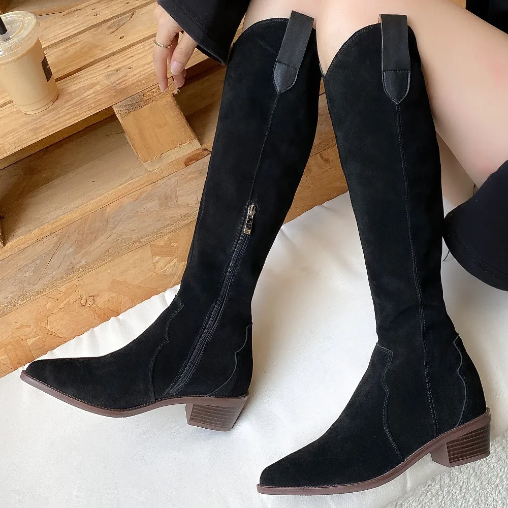 

Women's natural suede leather 3cm poinnted toe side zip winter knee high werstrn boots soft comfortable casual female high boots