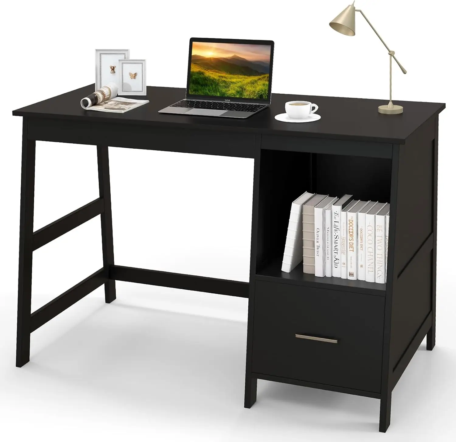 with 2 Storage Drawers, Small Computer Table Study Writing Desk, Modern Home Office Desk Study Desk with Storage Space (Black)