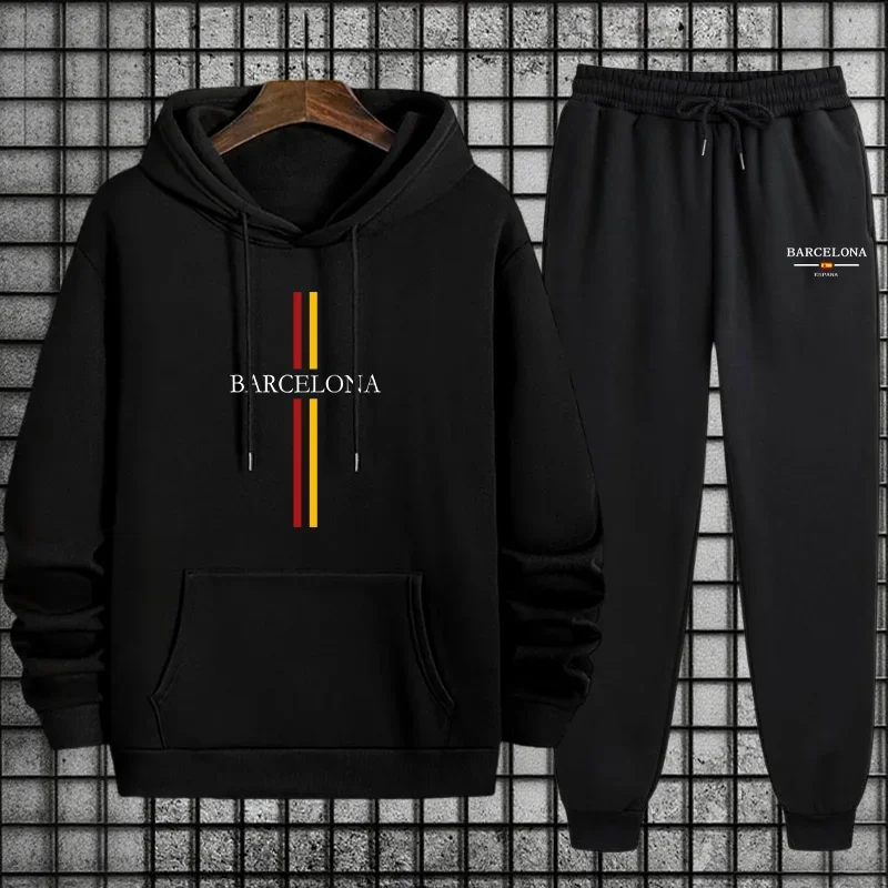 Barcelona Print Tracksuit Men's Sportswear Set Classic Pullover Hoodie and Comfort Fit Joggers for Everyday Casual Sporty Wear