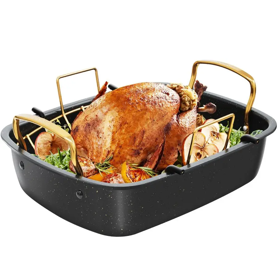 

Pan, 17 Inch x 13 Inch Roaster with Removable Rack, Nonstick Roaster Pan for Roasting Turkey, Meat amp Vegetables Gold