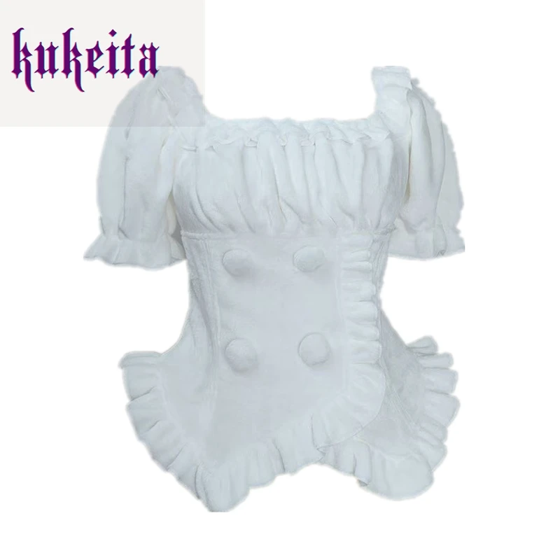 Kukeita Harajuku Gothic Lolita Shirt Japanese Y2k Sweet Bow Ruffles Blouse Solid Plush Warm Kawaii Tops Women Elegant Clothes