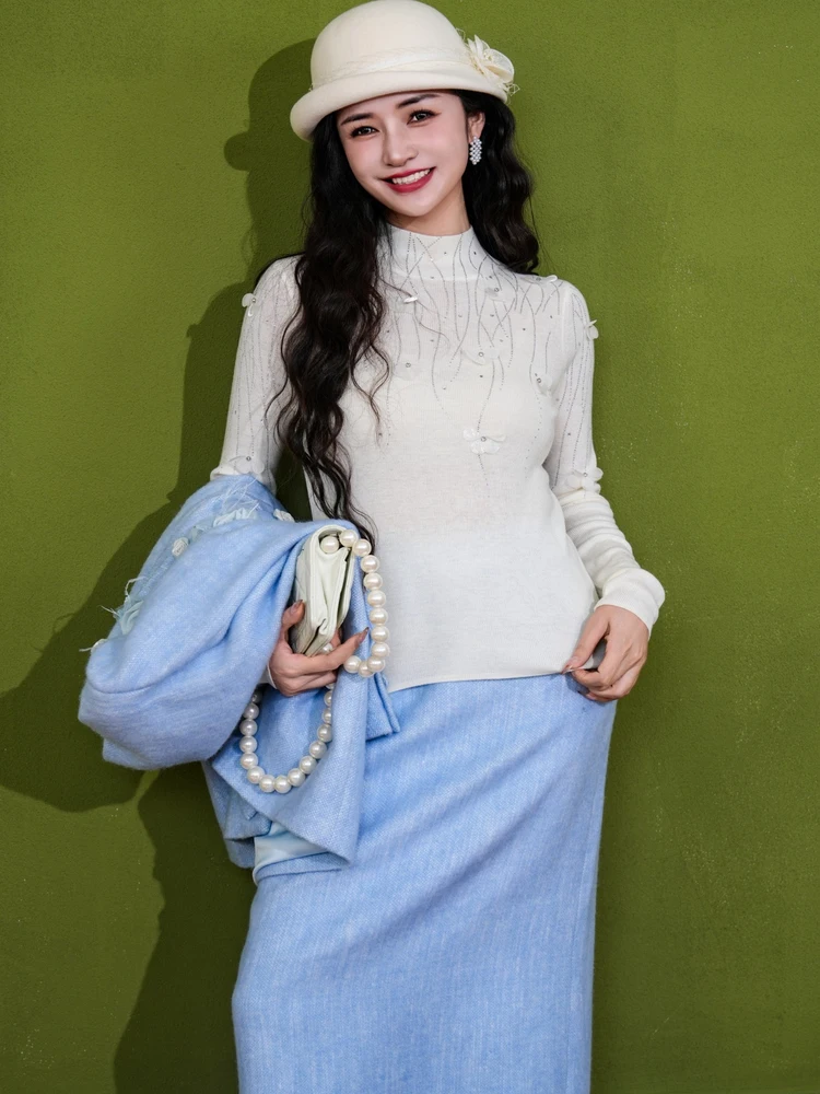 

Новый женский вязаный свитер 2025 года с высоким воротником, длинными рукавами, блестящий, плотный, из мягкой шерстяной ткани, топ-база