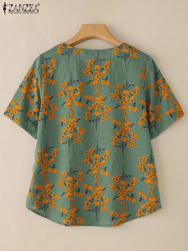 2023 Vintage Sommer Gedruckt Blusen ZANZEA Böhmischen Urlaub Shirts Frauen O Hals Kurzarm Tops Beiläufige Lose Blusas Chemise