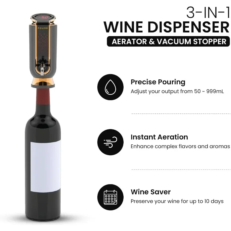 3-IN-1 Wine Dispenser Aerator and Vacuum Stopper - Electric Liquor Decanter Pourer & Preserver - Touch Screen LED Display