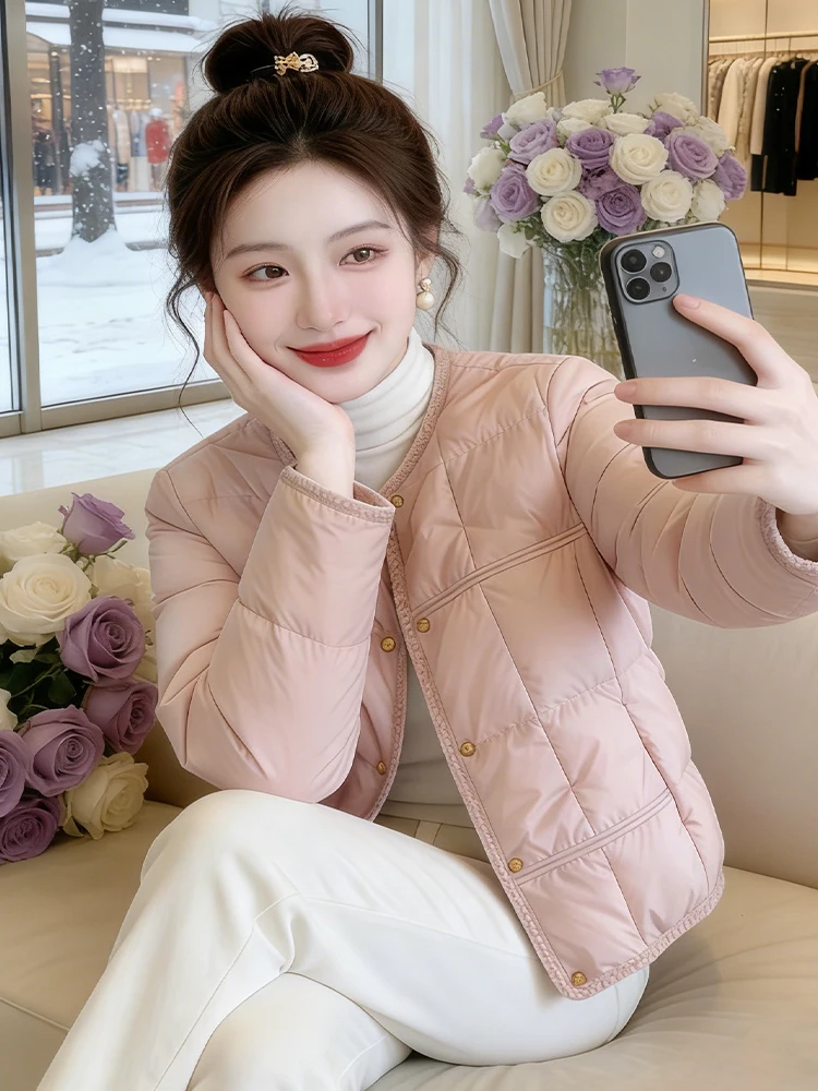 

Faionable ort Cotton Jaet Women's round Ne Light Warm Autumn Winter Outerwear Korean Sle Loose Fit Single Button