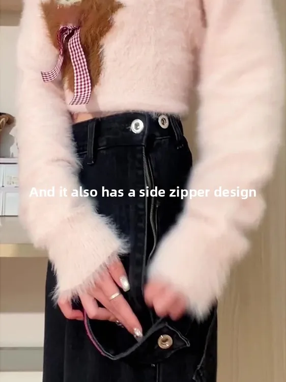 High Waist Wide Leg Zipper Side Gradient Denim Jeans Women's Autumn Winter American Retro High Street Straight Cut Pants