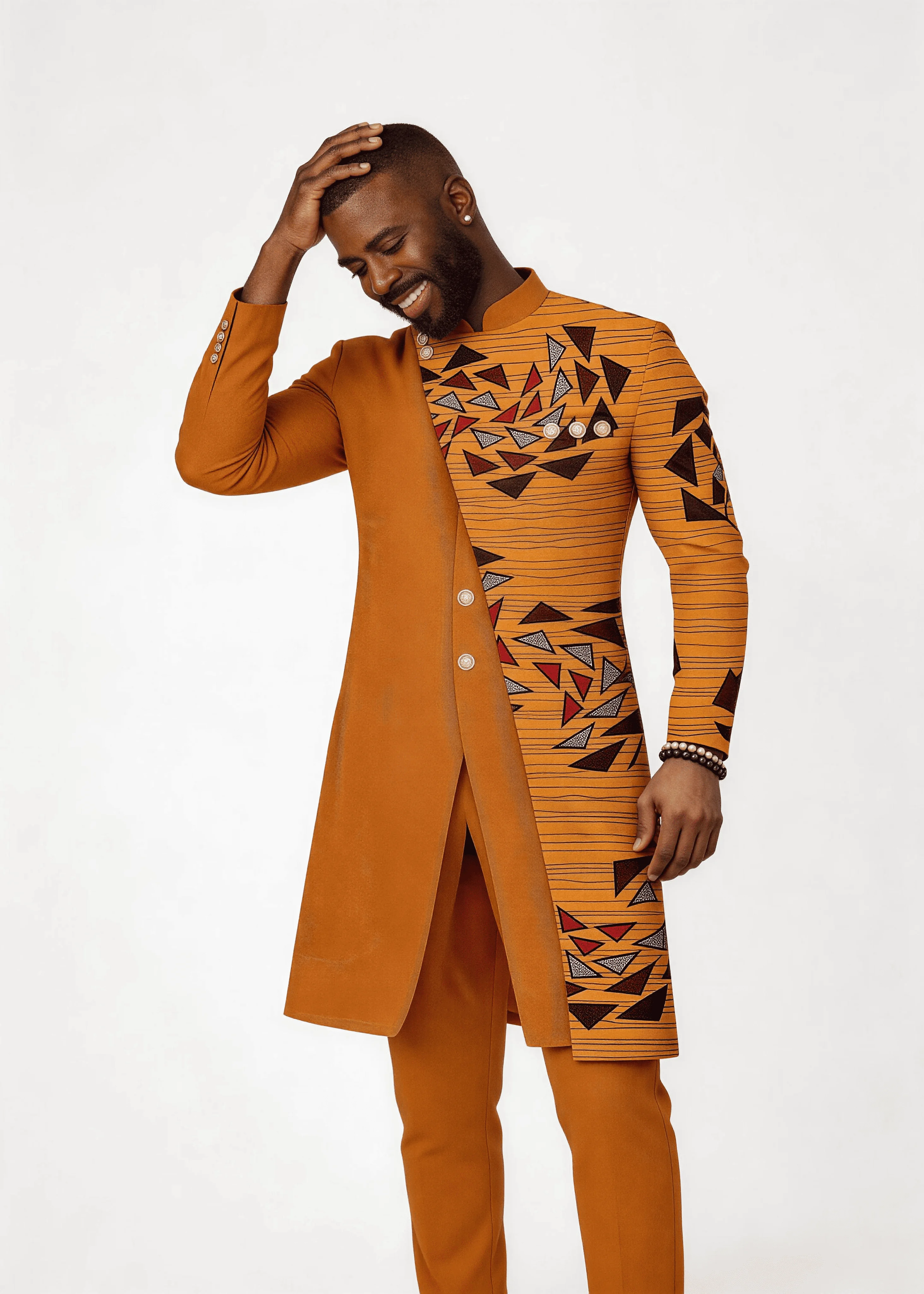Men’s Solid Orange & Geometric Triangle Print Patchwork Formal Wear Set Stand Collar 2 Piece Wedding Groom Tunic Jacket & Pants