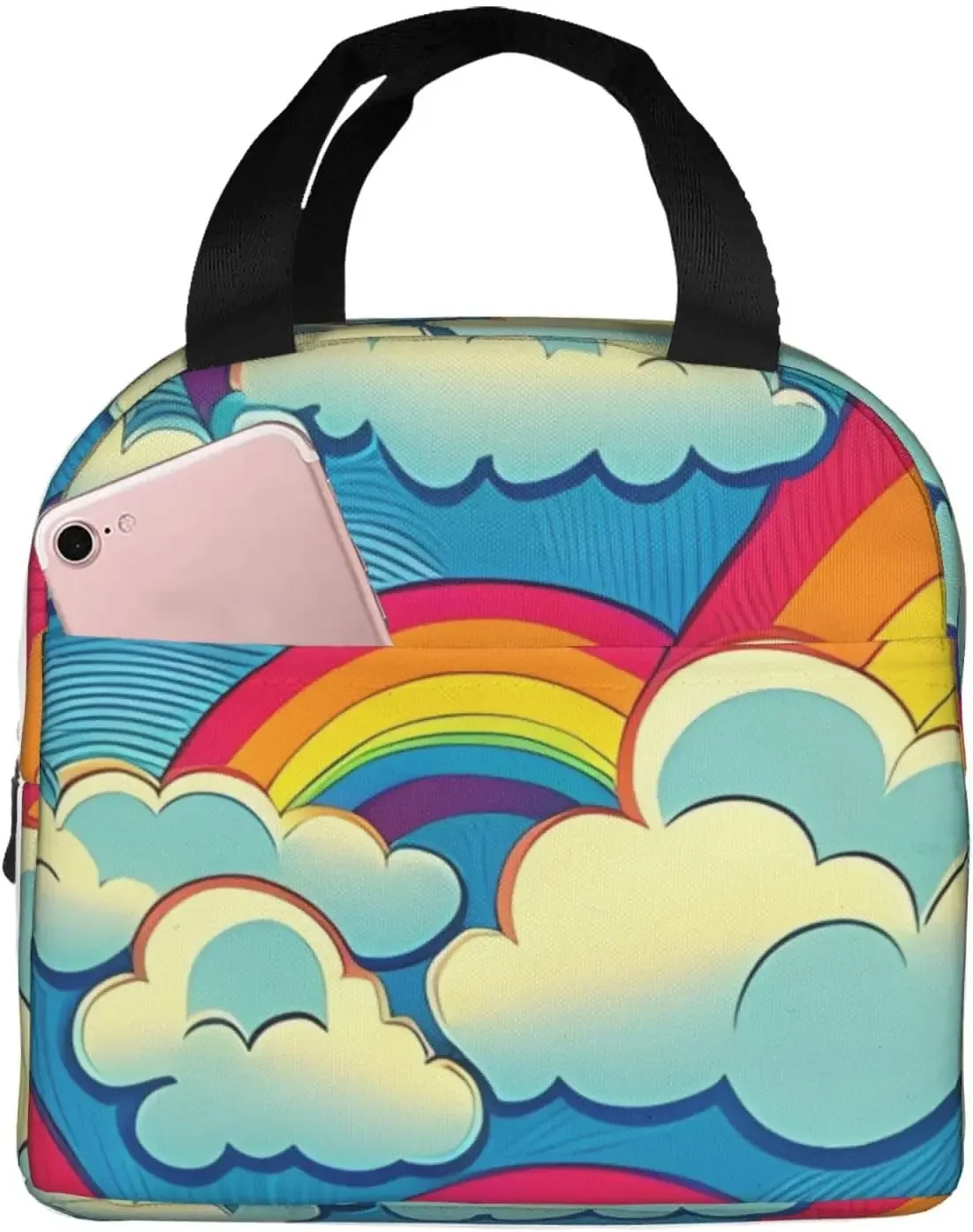 Rainbow With Clouds Comic Style Insulated Lun Bag Thermal Freezable lun Tote Waterproof Bento Lu n Box Women Men 