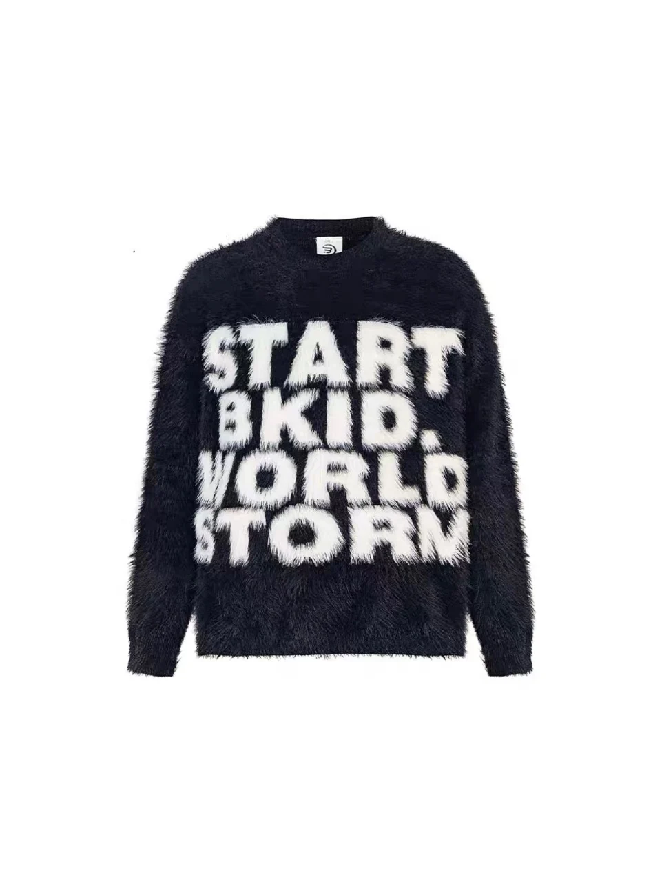 

Retro American Letter Embroidered Fur round Ne Knitted Sweater Loose Soft Men's Faion Winter Top for Couples