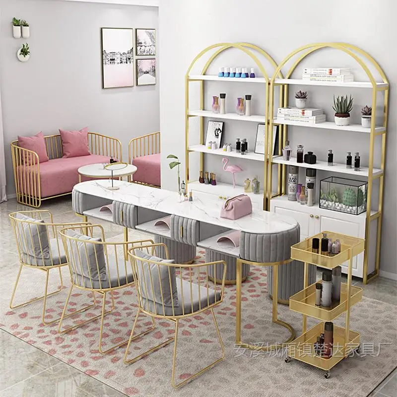 

Nordic simple marble manicure table, nail shop simple storage manicure table, beauty shop wrought iron gold dressing table