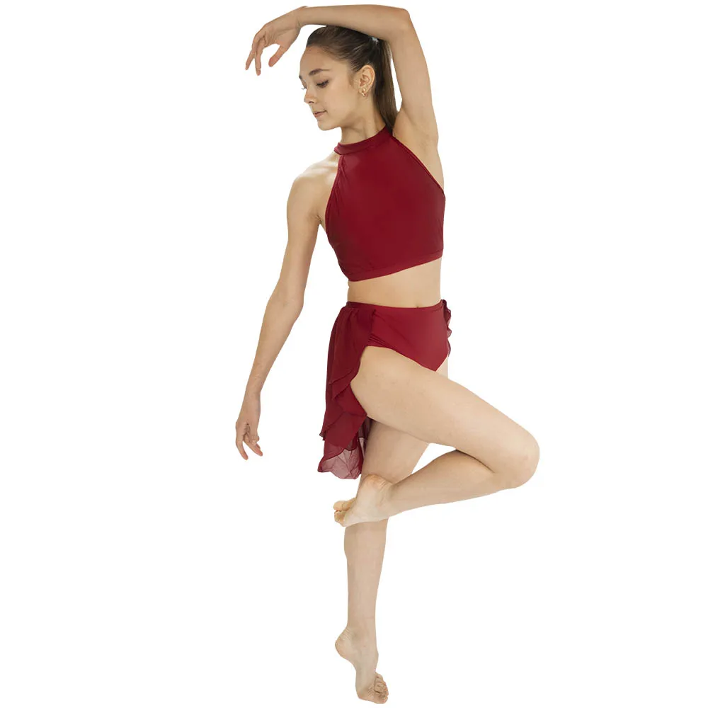 Burgundy 2ชิ้น Lyrical Dance ชุด Crop Top ชีฟองกระโปรงเครื่องแต่งกายสุภาพสตรีหญิง Dancewear