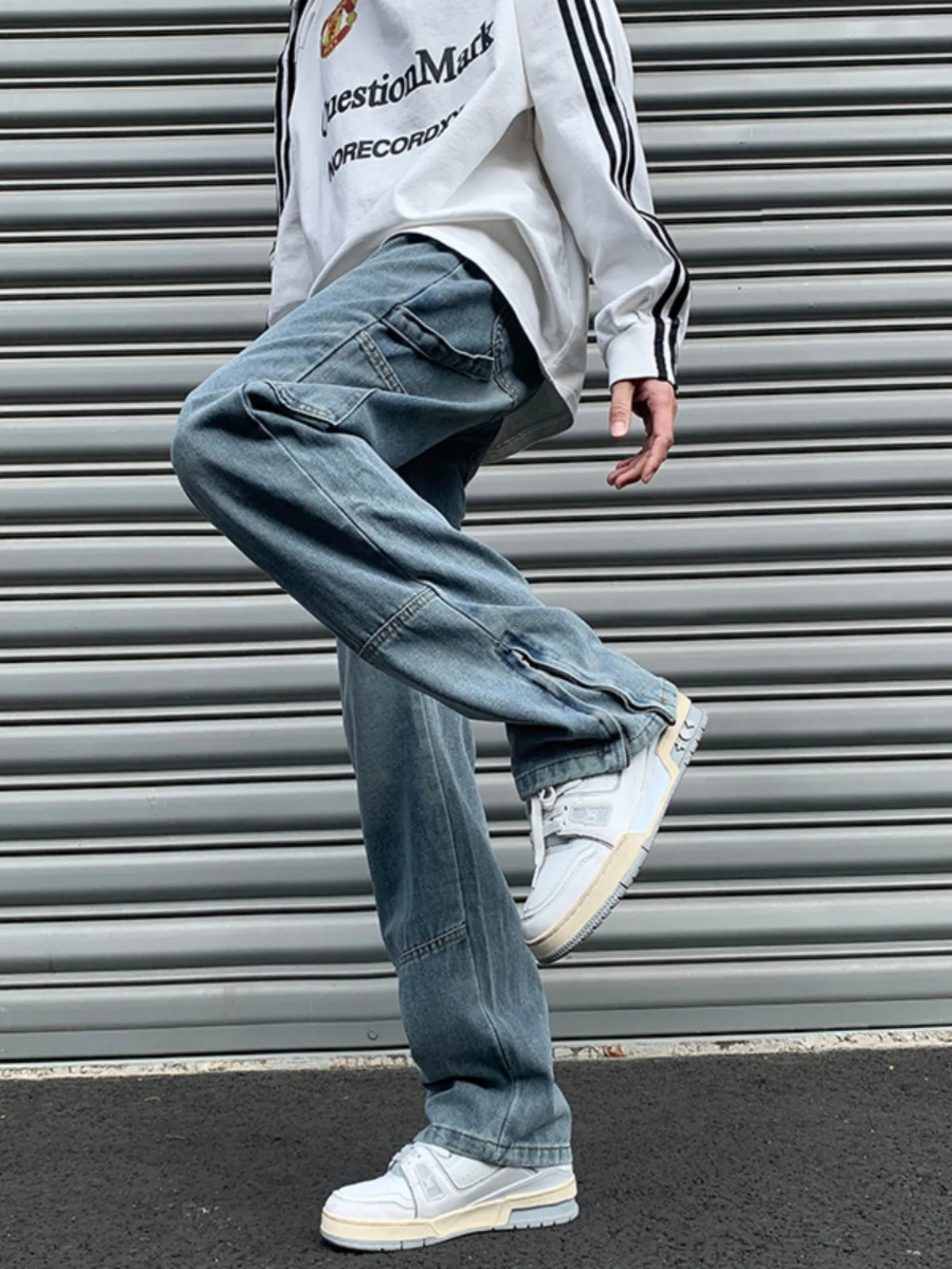 

Американские джинсы прямого кроя в рабочем стиле, мужские, с молниями на манжетах, модные, брендовые, стильные, уличные, длинные брюки, молодежная мода