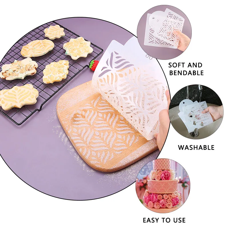 FAIS DU Fondant Cake Mesh Stamps Stencils For DIY Craft Making Wedding Cake Design Plastic Spray Template Cookie Painting Mold