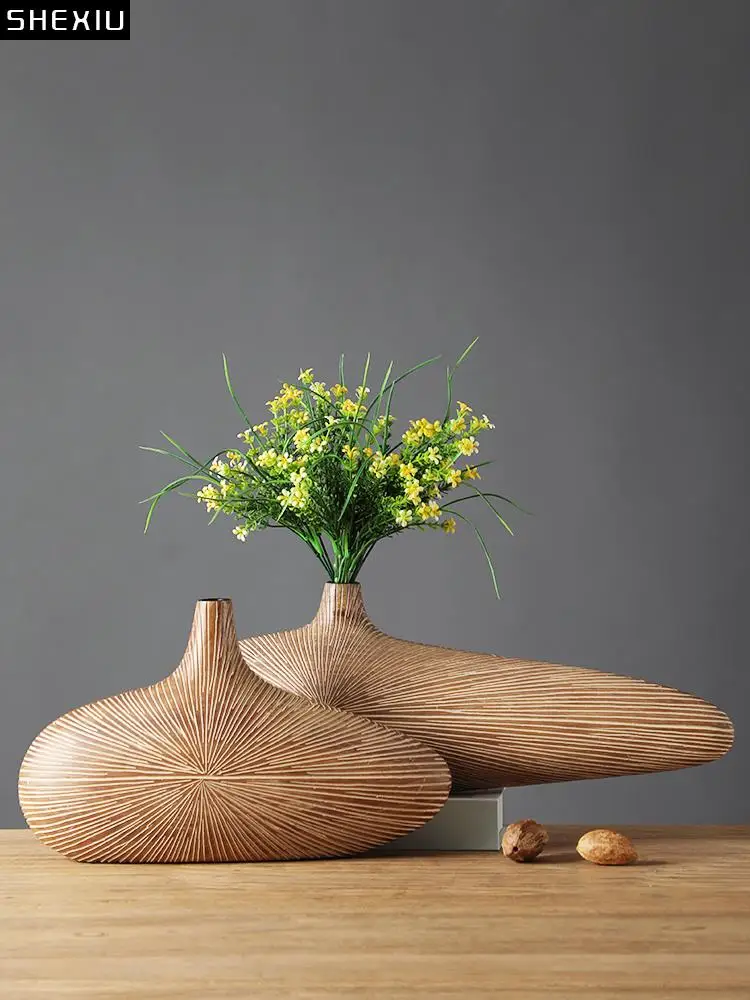 

Modern Line Stripe Resin Vase Flower Arrangement Dried Flower Imitation Wood Vase Bookcase Desktop Decoration Crafts Furnishings