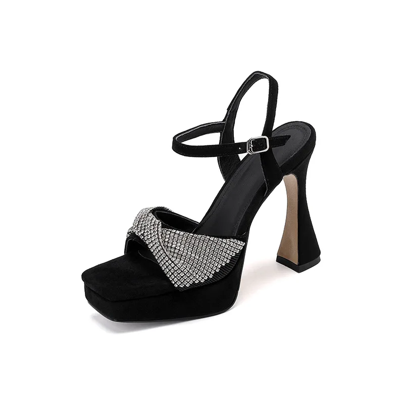 10.5Cm Platform Rhinestone Sandals Comfortable Thick-Heeled Matte Leather Women's Shoes Inner Height-Enhancing Black High Heels