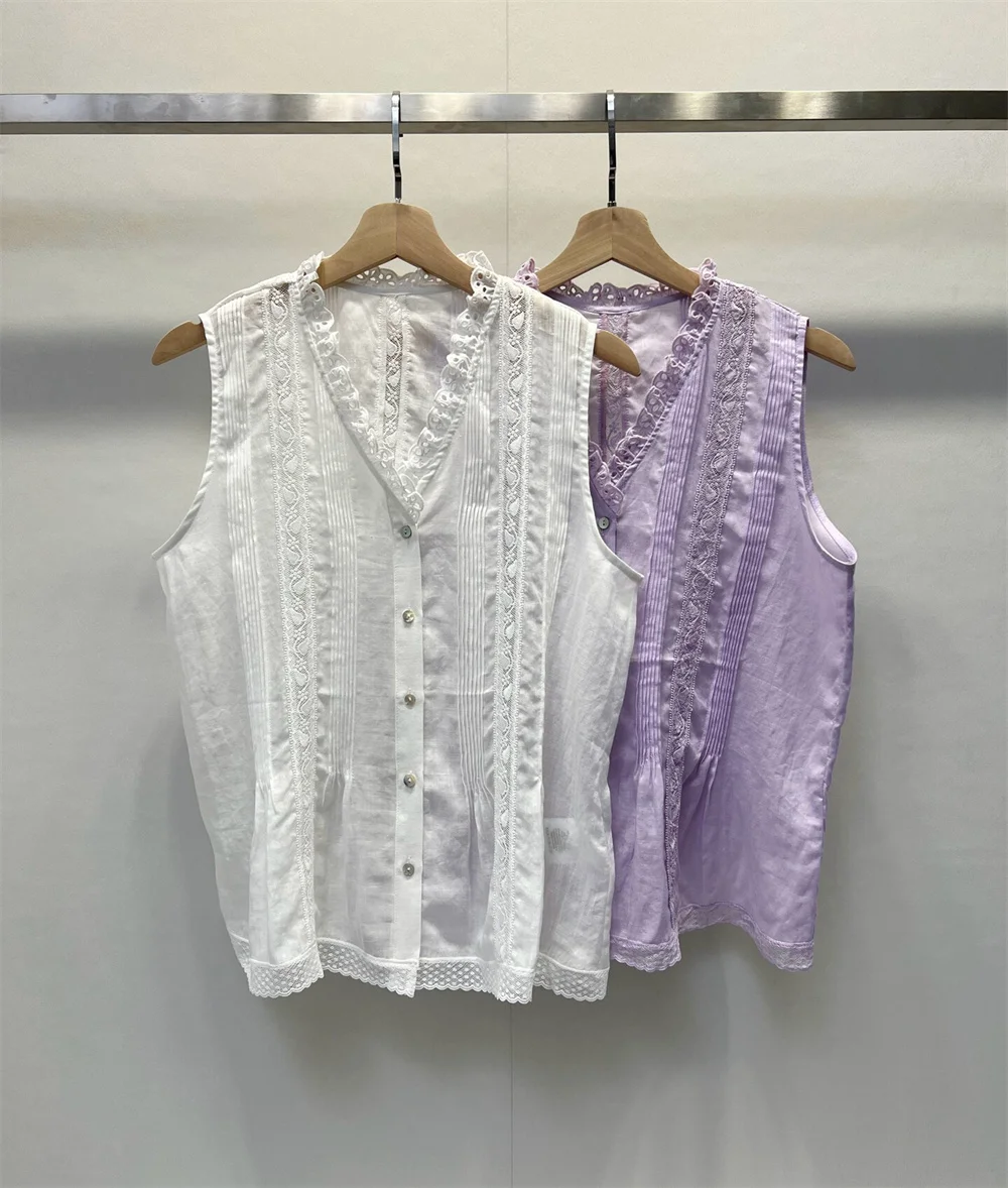 Summer Women's Clothing Lace Embroidery V-Neck Vest 100 Ramie Loose A-Line Sleeveless Shirt