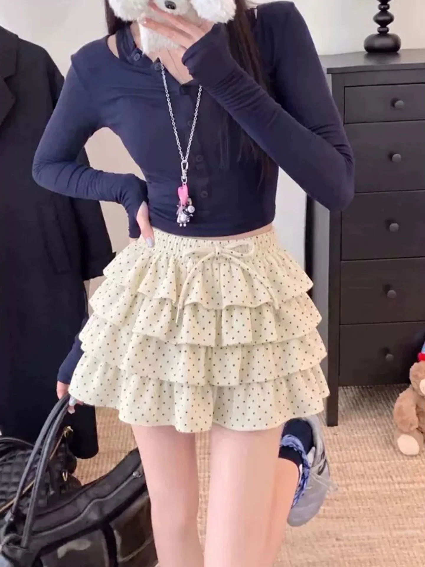 Sweet Style Coffee Dot Corduroy Cake Skirt High Waist A-Line Short Skirt Women's Autumn Winter New Fashion Slimming Skirt