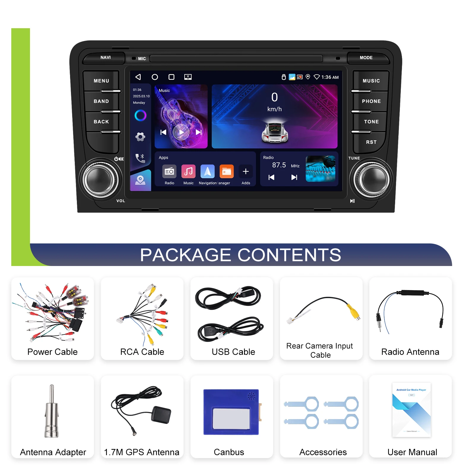 Podofo 7 Zoll 2 Din Autoradio Multimedia-Player für Audi A3 8P/A3 8P1 3-Türer Schrägheck/S3 8P/RS3 Sportback 6+128G HD Kapazitiver Touchscreen Kabelloses Carplay Android Auto Mirror Link Auto-Audiosystem WIFI GPS BT FM/RDS Autoradio Stereo – Detail 24