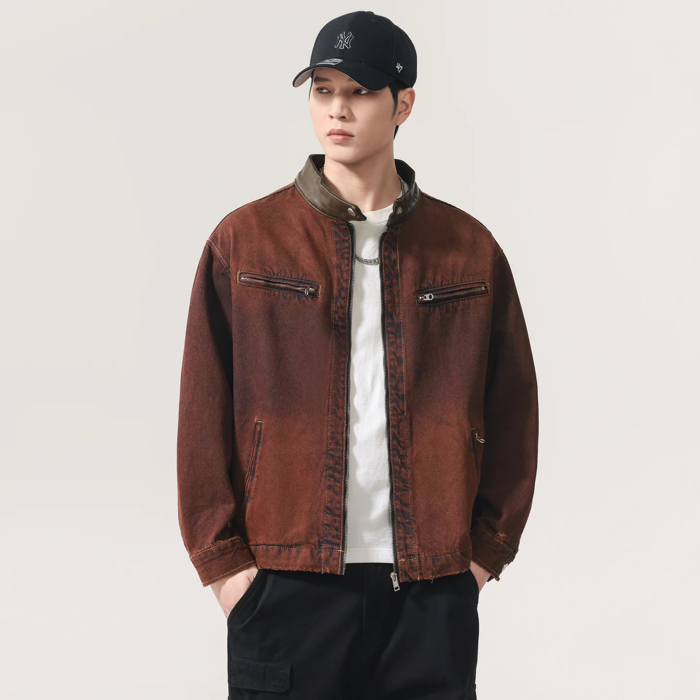 Stand Leather Collar Denim Jacket Men Fashion Vintage Loose Casual Washed Cotton Jeans Motorcycle Jacket Male Spring Autumn Coat view 5