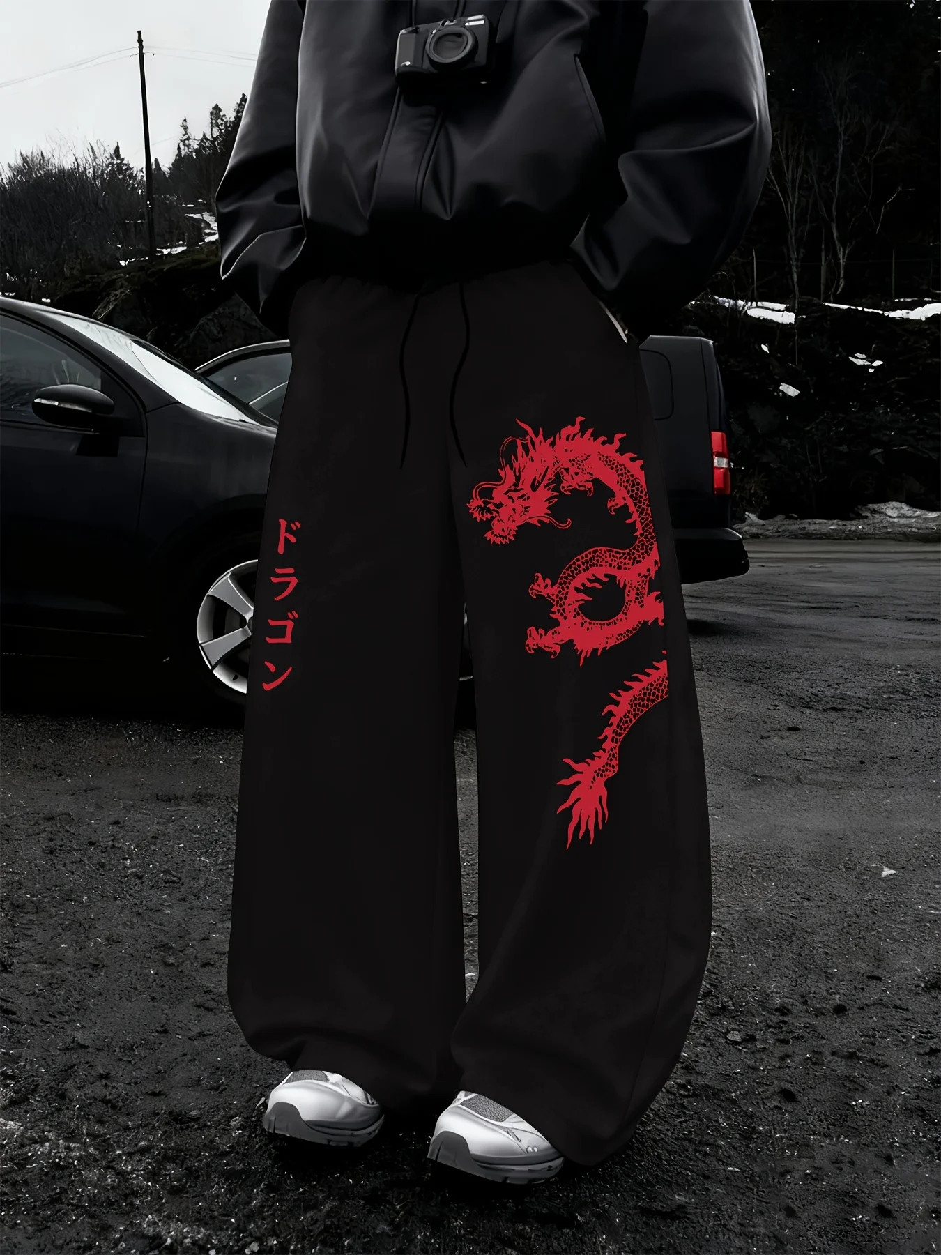 Women's Dragon Print Fleece Sweatpants for Autumn and Winter Warm Casual Loose Stylish and Versatile Streetwear Trendy