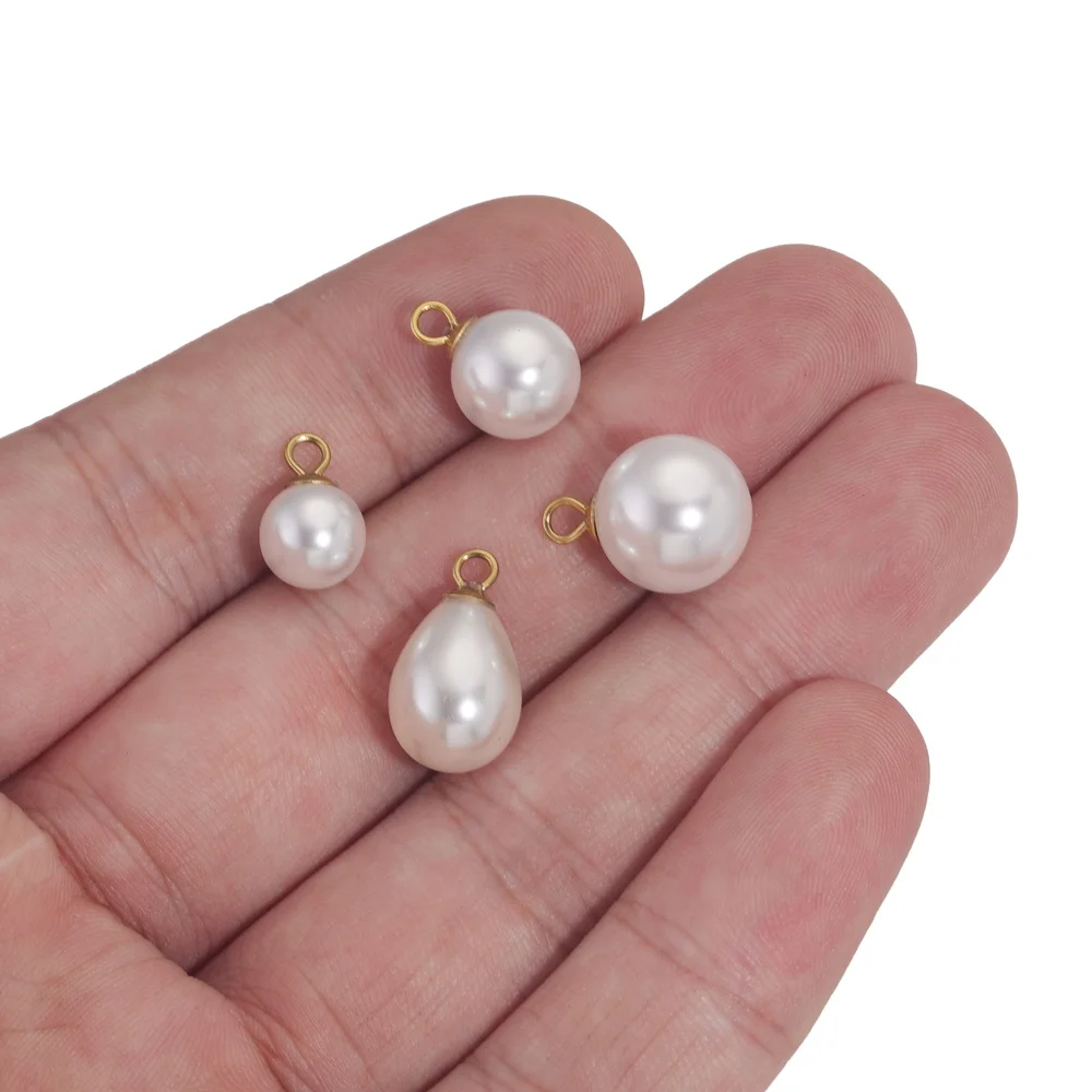 10pcs Stainless Steel Match Plated Gold Artificial Pearl Pendants Plastic Pearl Charms for DIY Necklace Earrings Jewelry Makings