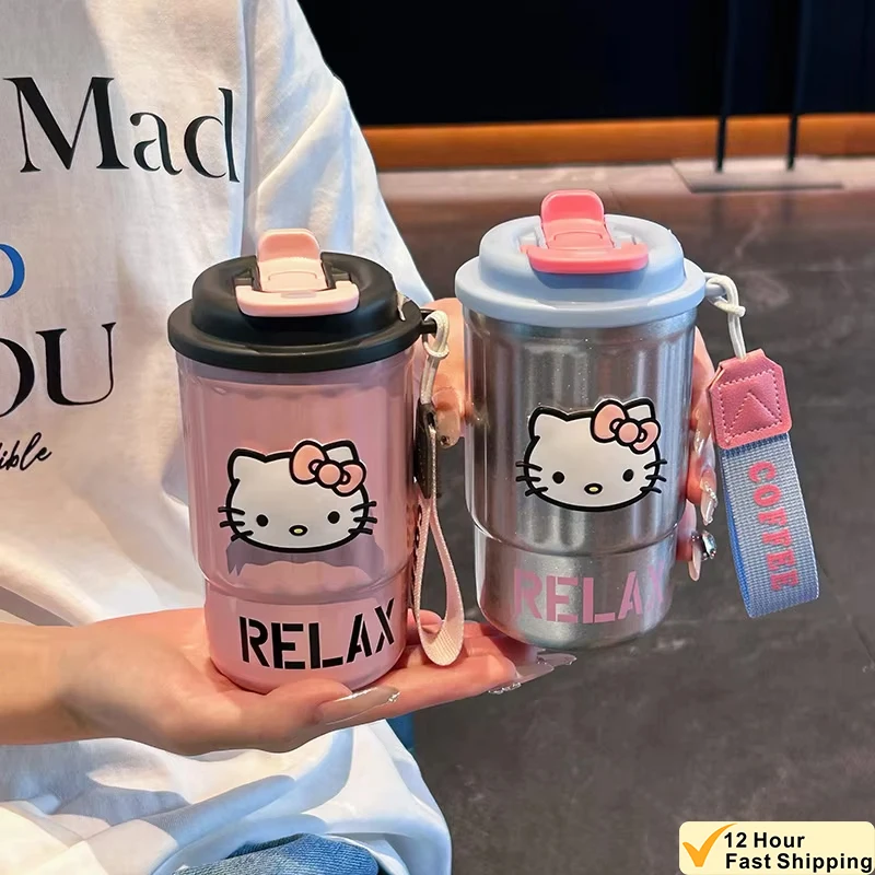 400ML Sanrio Thermos Cup Kawaii Hello Kitty Kuromi Water Cup 304 Stainless Steel Anime Cartoon Water Bottle Straw Large Capacity