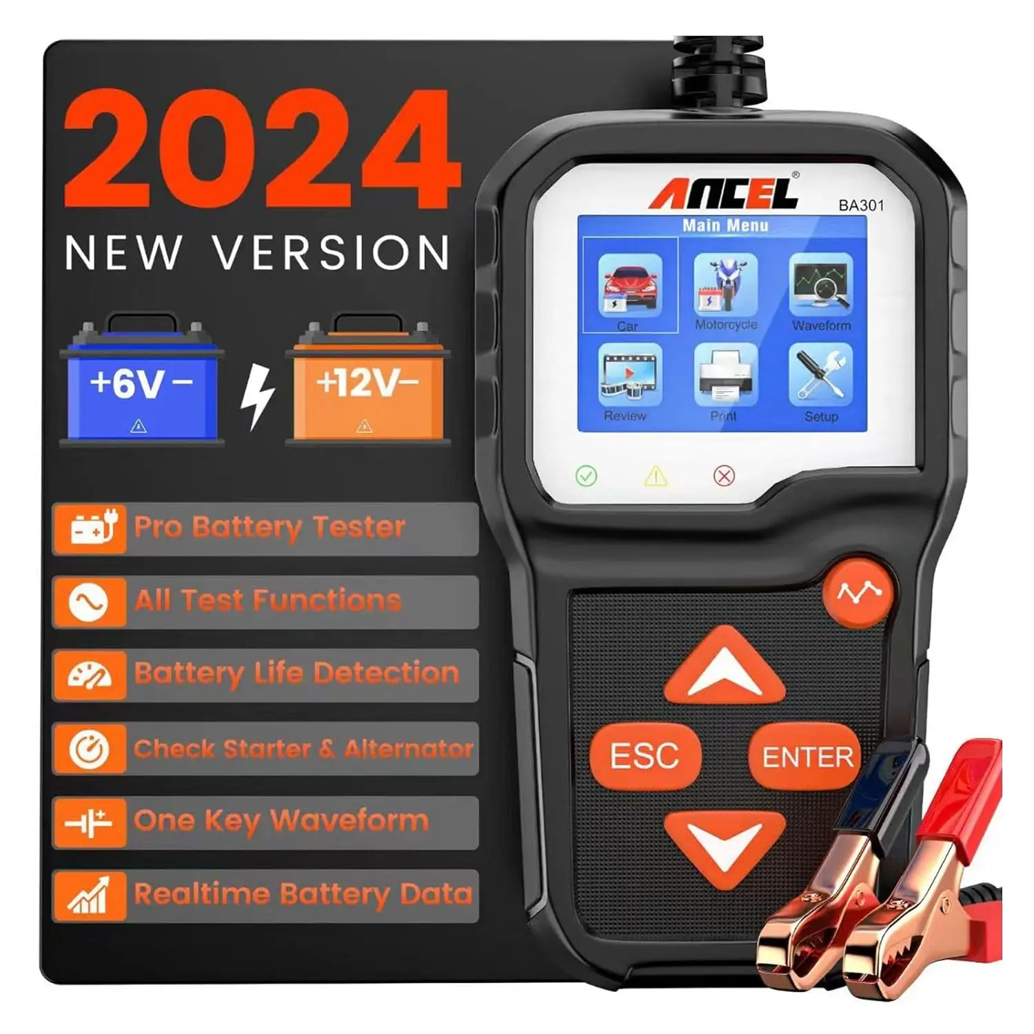 ANCEL BA301 Car Battery Tester 12V & 6V Motorcycle Cranking Test 2000 CCA Boat Batteries Charger Automotive Analyzer Tools