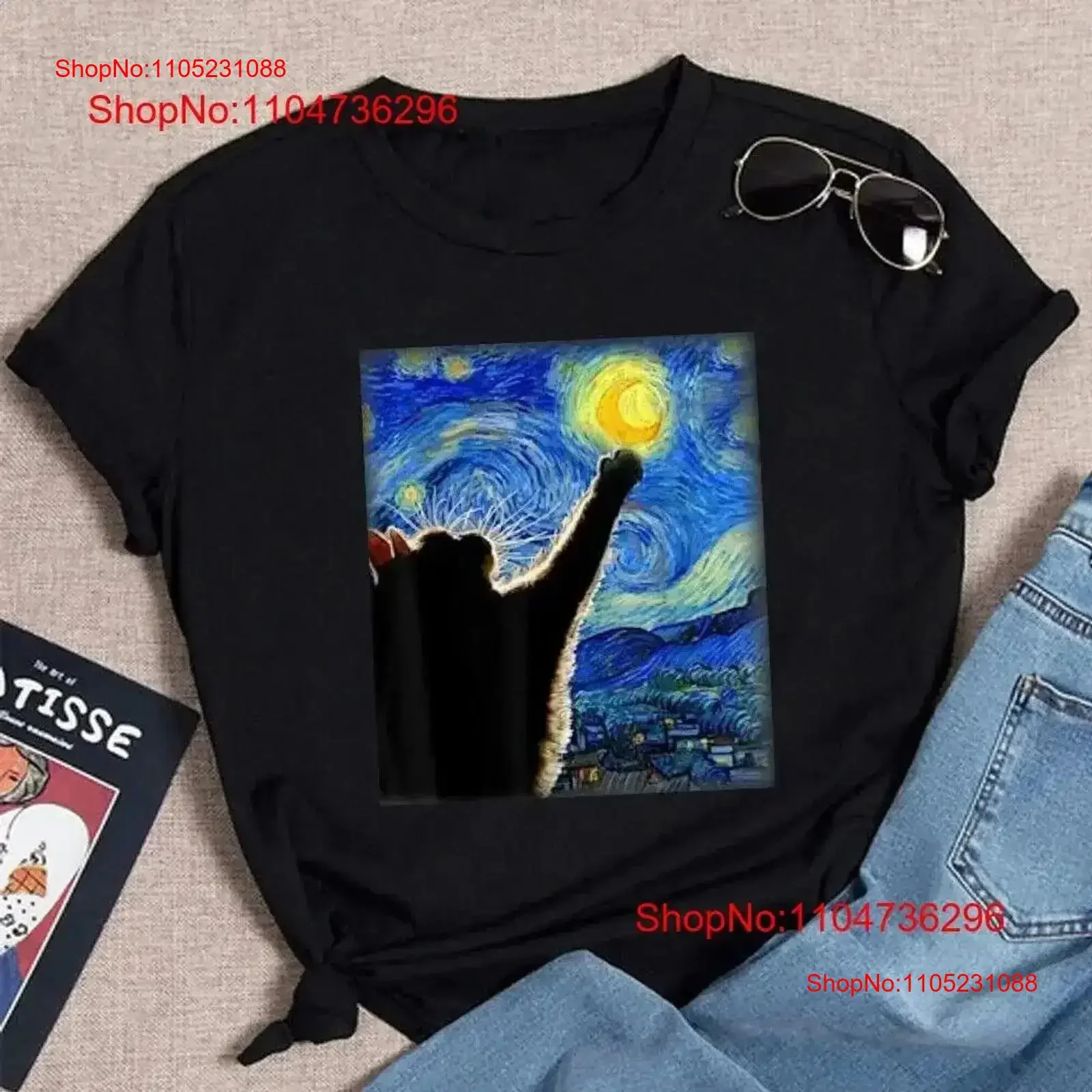 

Van Gogh Starry Night Cat In The Print Fashion Women Cotton round neck T Shirt vintage Washed Breathable designer clothes Soft