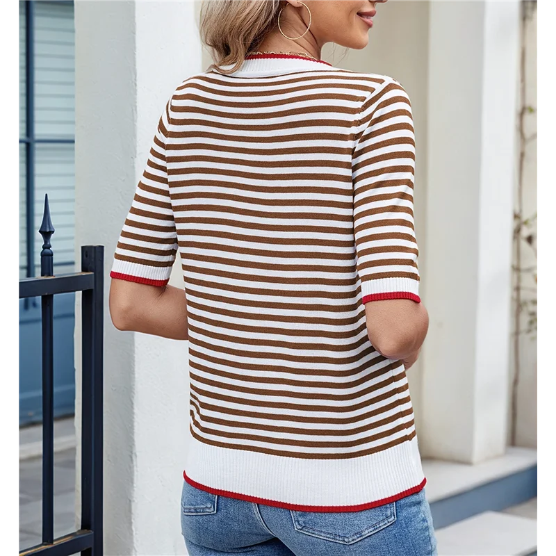 ABRT-สตรีฤดูร้อนเสื้อแขนสั้นเสื้อกันหนาวลายน่ารักสบายๆอินเทรนด์เสื้อผ้าผู้หญิง Crewneck เสื้อถัก