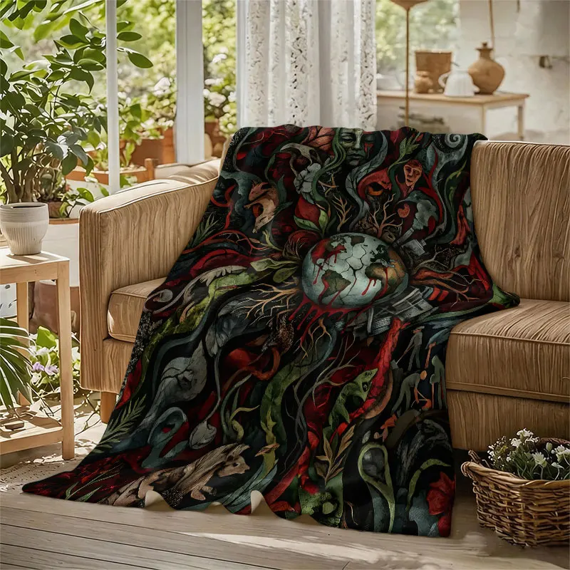 Wounded Earth Dark Painting Flannel Blanket Warm Soft Halloween Christmas Decorative Couch Warm Cozy All-Season Gift