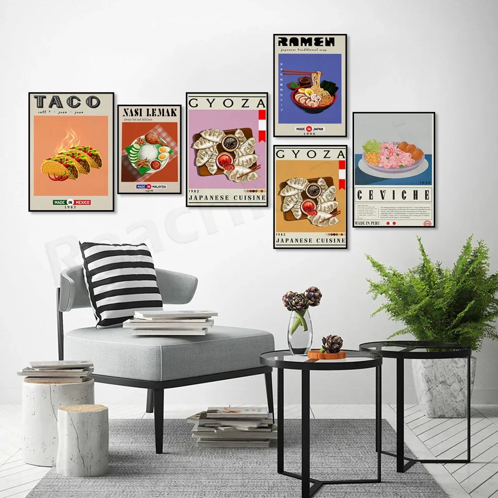 Malaysian nasi lemak, peruvian ceviche, french ratatouille, japanese dumpling ramen, italian pizza, mexican taco food poster