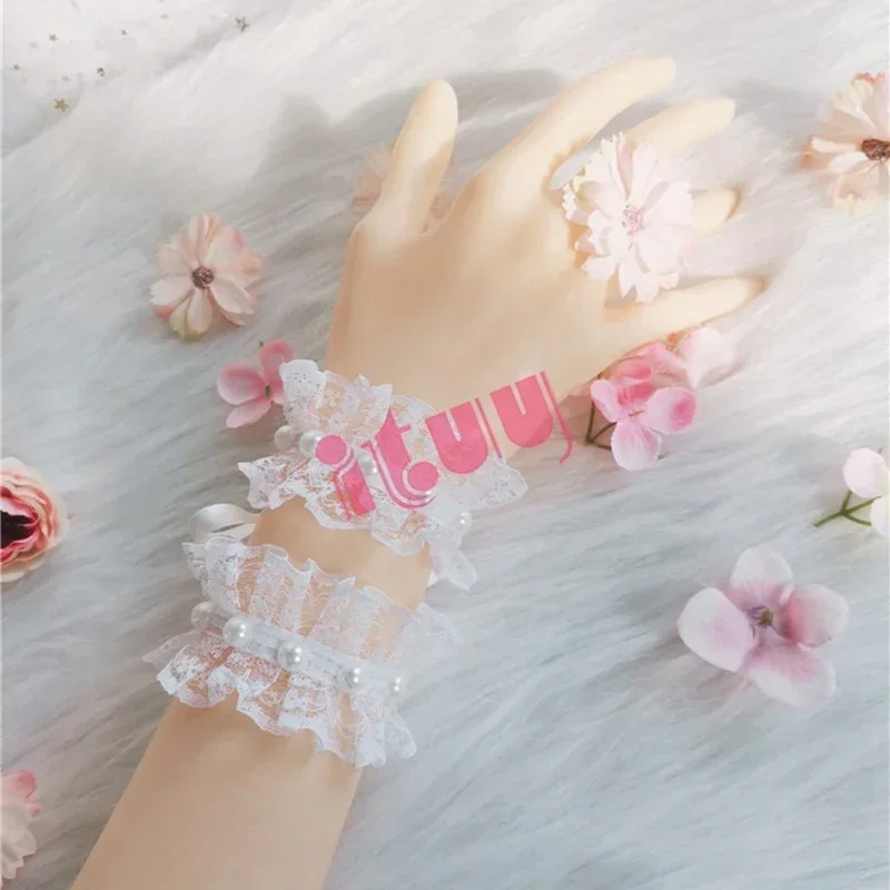 Kawaii giapponese Lolita KC bracciale manica a mano Bowknot rosso ciondolo perla pizzo manica a mano ornamenti ragazza accessori sposa
