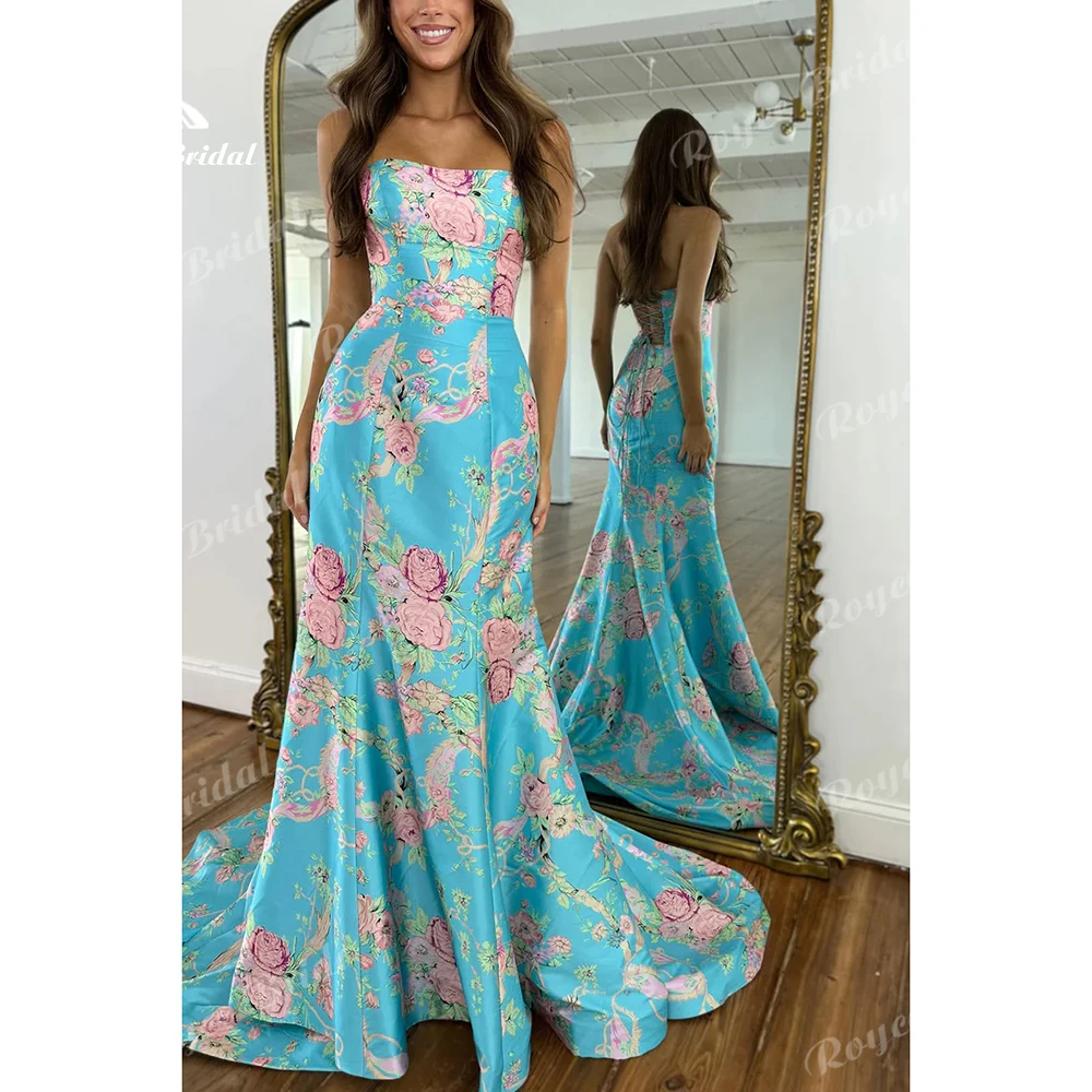 Roycebridal Ballkleider mit blauem Blumenmuster, Meerjungfrauen-Abendkleider mit Schnürung, trägerloses formelles Kleid für Frauen, individuell gestaltet