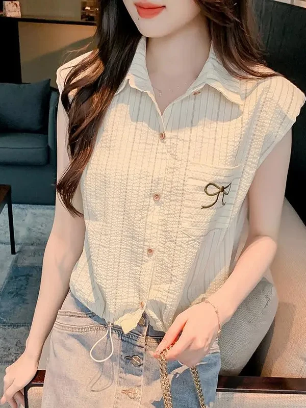 

2025 Summer New Women's Striped irt ort Sve Dstring ort Sle Slimming Small Fly Sve Chiffon Versatile Top