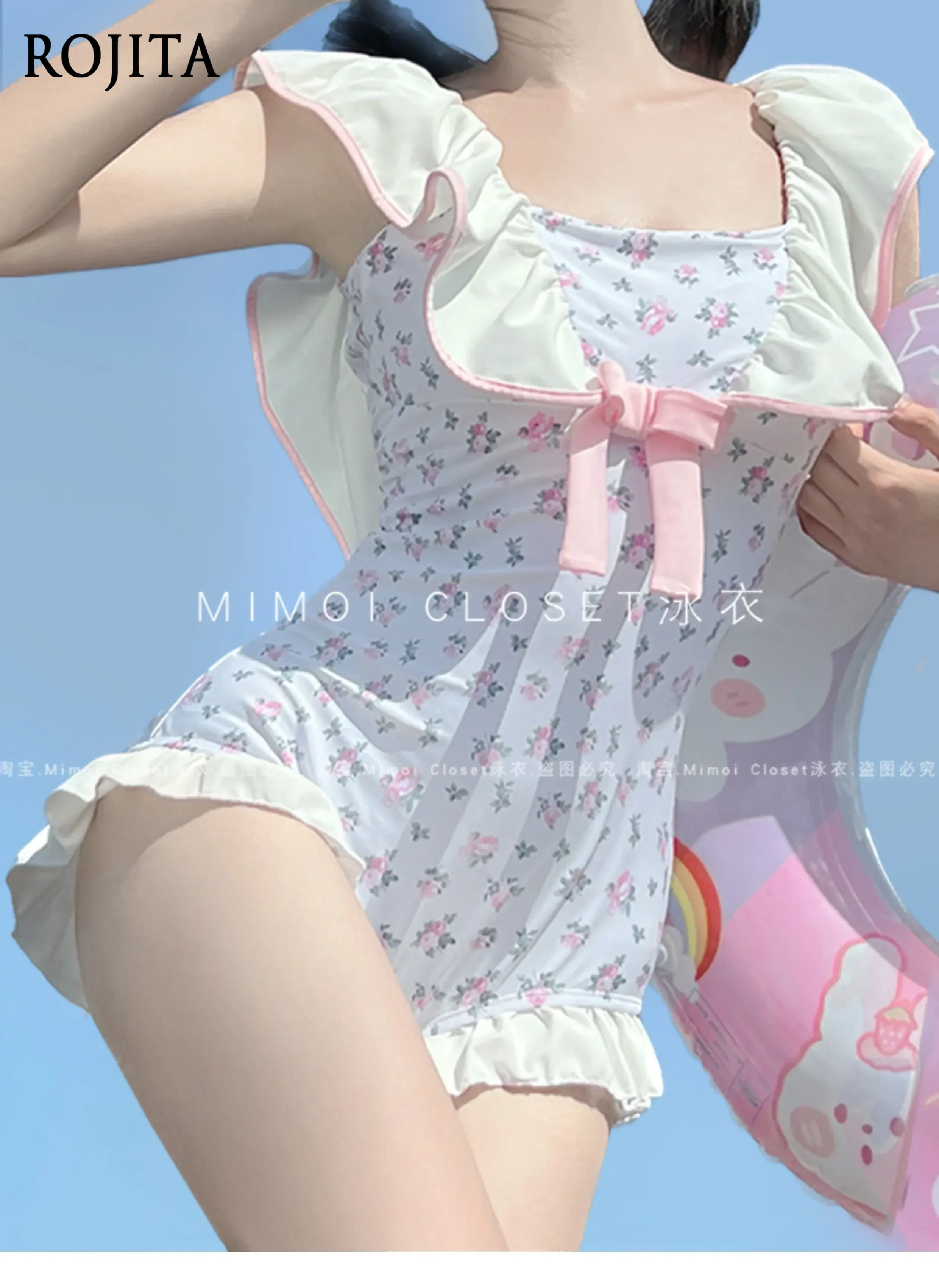 

Summer New Lolita One-piece Swimsuit Women's Kawaii Bow Print Hot Spring Beach Swimwear Sweet Female Student Bathing Suit Women