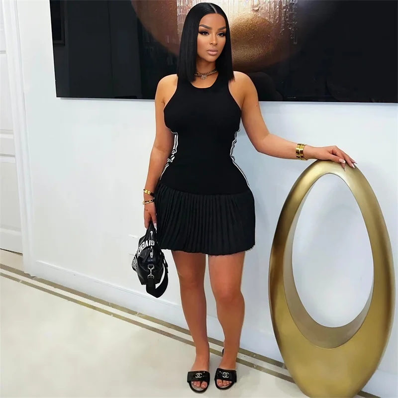New Women Summer Sleeveless O Neck Stripe Casual Mini Tank Dress 2025 Bodycon Pleated Hem Black White Red Dress Ladies Clothing