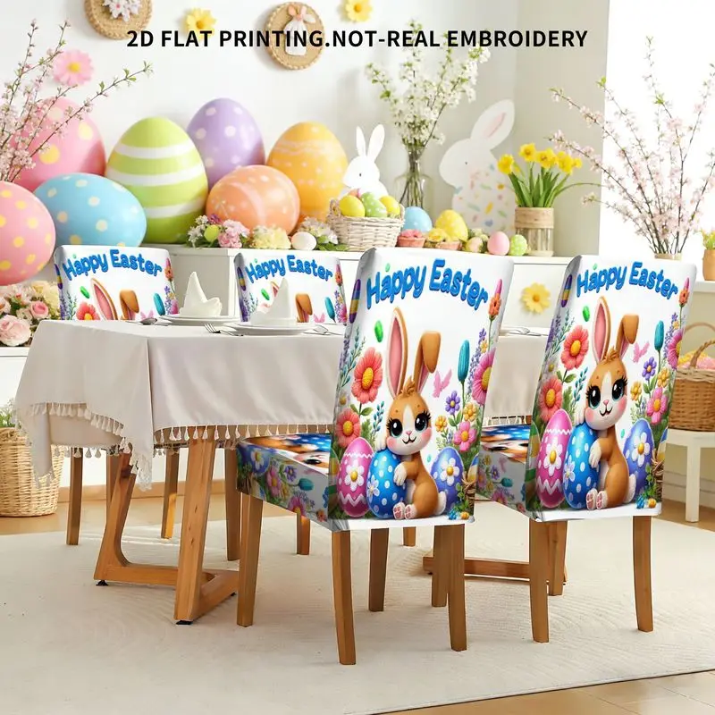 

Набор чехлов для обеденных стульев с 2D-принтом на тему Пасхи, эластичные, с рисунком мультяшного кролика и яйца, съемные чехлы для стульев