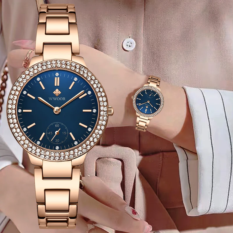 Reloj de pulsera con diamantes de movimiento japonés para Mujer WWOOR, elegante pulsera de cuarzo para Mujer, Reloj de pulsera resistente al agua,