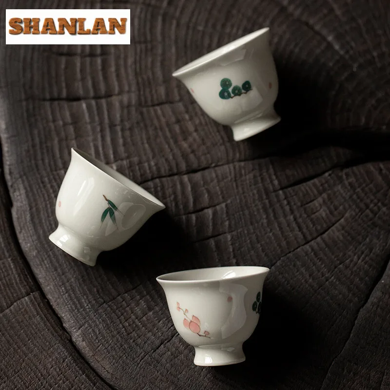 

2pc/set Hand-painted Winter Three Friends Teacup Handmade Master Cup Vintage High-feet Tea Bowl Meditation Cup Teaware 40ml