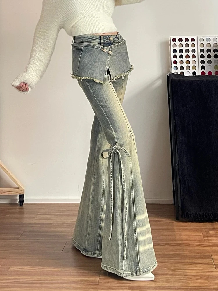 

Американские ретро-джинсы Y2K в стиле миллениум, модные женские джинсы-клеш с эффектом двухслойности и поясом, дизайн в стиле Hot Girl