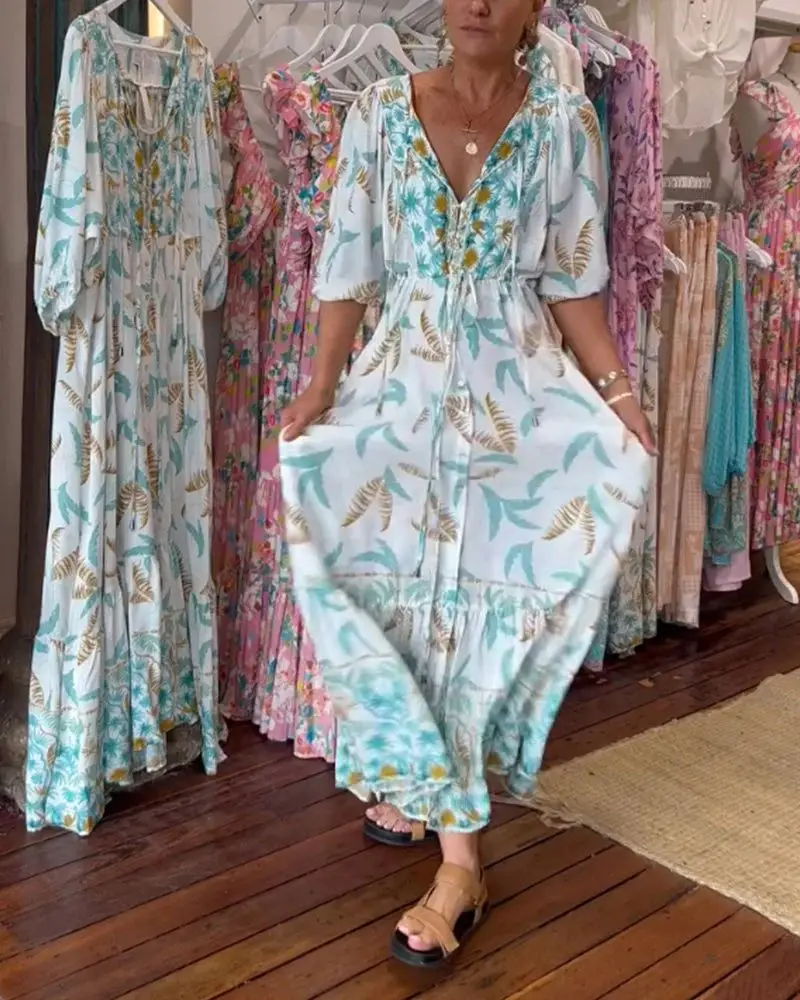 Elegancka plisowana sukienka z nadrukiem z dekoltem V dla kobiet Casual Holiday Long Lady Outfit 2025 Spring Summer A-Line Boho Maxi Dresses Vestido