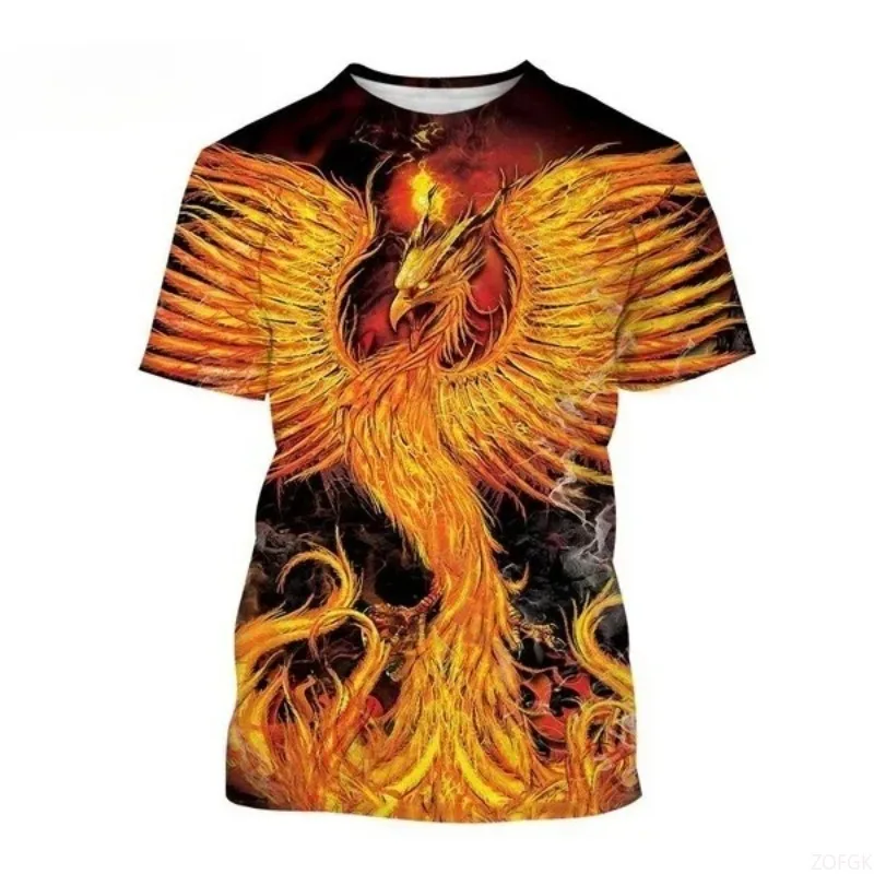 3D Phoenix Printed Round Neck Short Sleeve Casual Top for Men and Women with Animal Patterns and Firebird Printed T-shirt