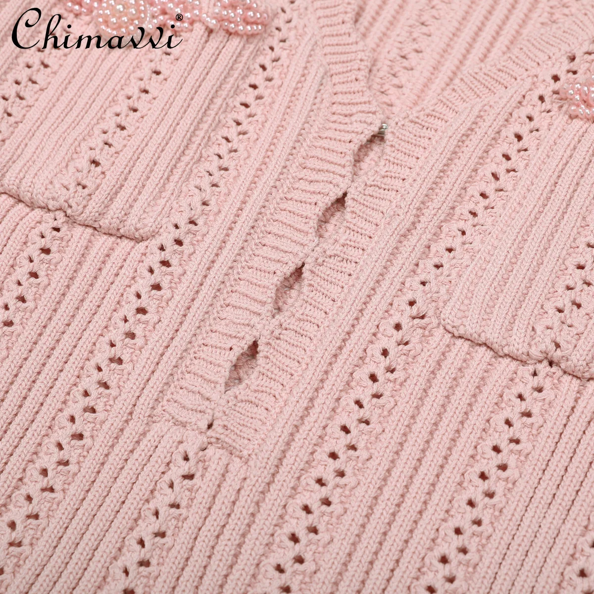 봄 가을 신상 니트 브이넥 허리 조임 숏 드레스 헤비 비즈 장식 롱 슬리브 우아한 파티 드레스 여성용