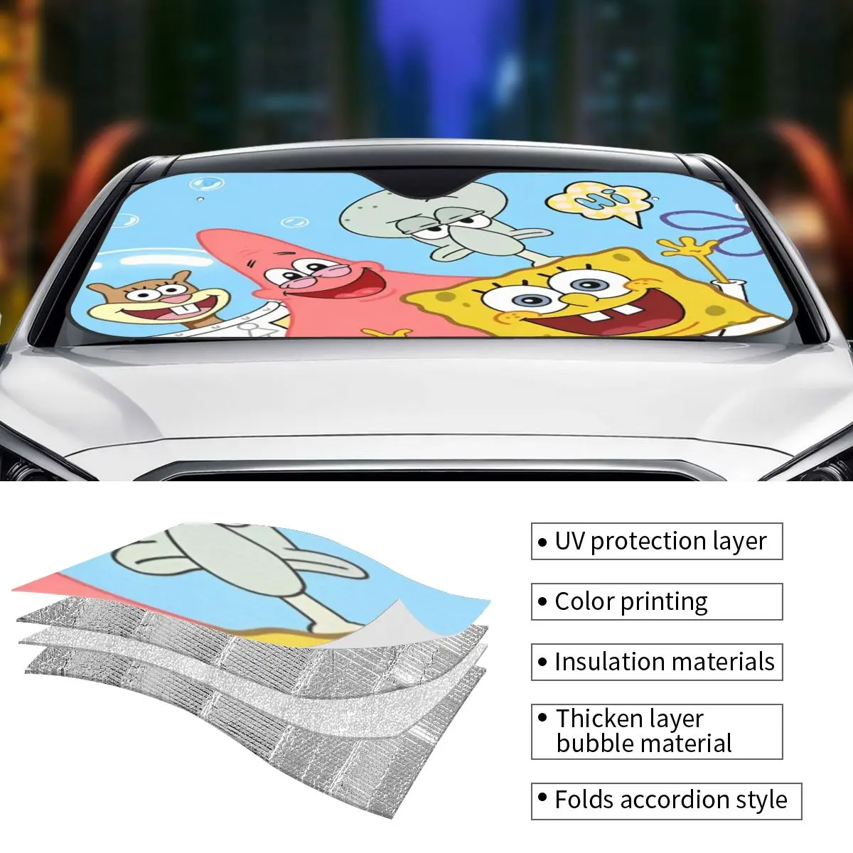 SpongeBobed Cartoon Anime Fantastico parabrezza Parasole 70x130 cm Fogli Visiera parasole Scudo di ghiaccio Protezione antipolvere