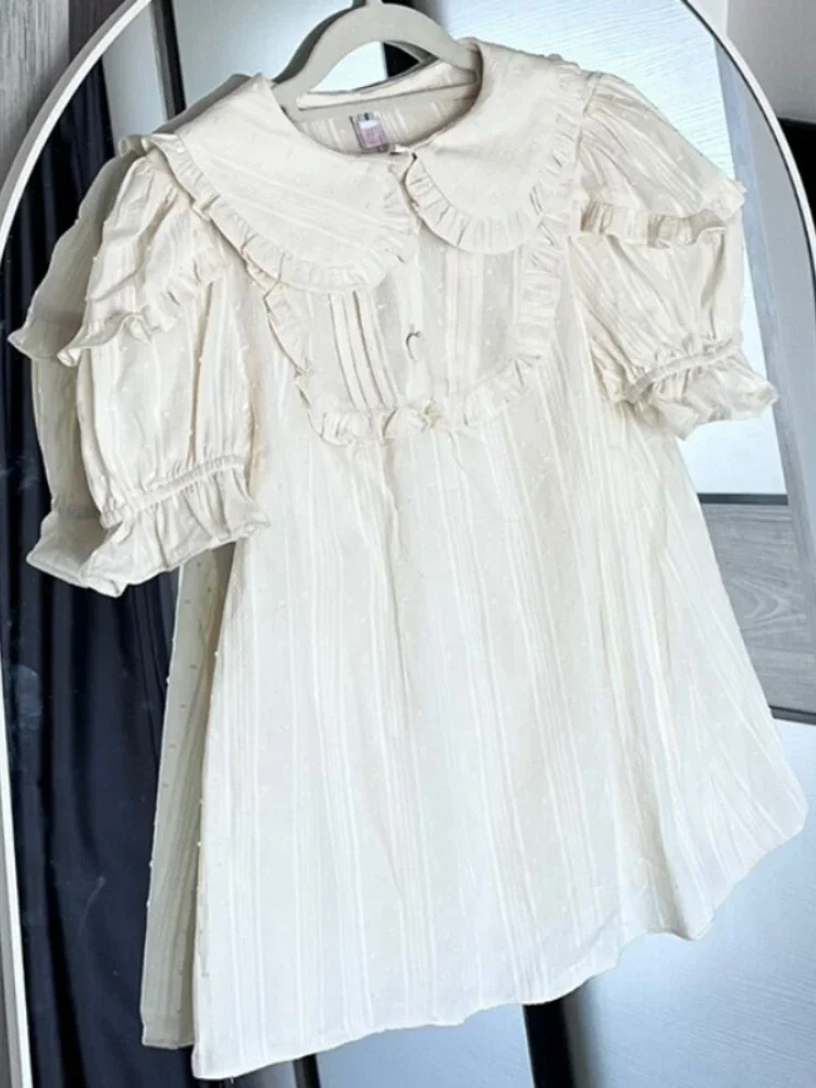 Sweet Lolita Blouses Women Cute Ruffles Peter Pan Collar Short Sleeve Shirts Japan Style Loose Inside Tops Kawaii Vintage Blusas