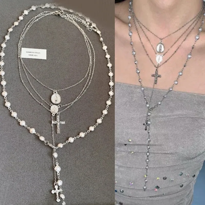 Trendy Cross Pearl Vintage Necklace Multi Layer Bead Necklac