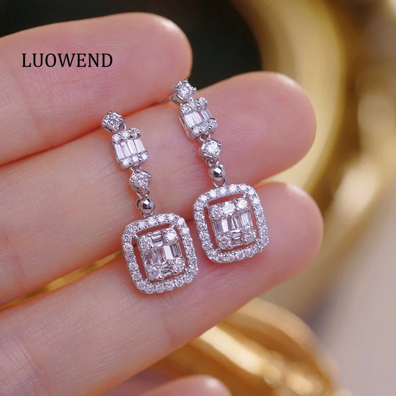 LUOWEND 100% 18K White Gold Earrings 0.80carat Real Natural Diamond Earrings for Women Fashion Shiny Design High Party Jewelry