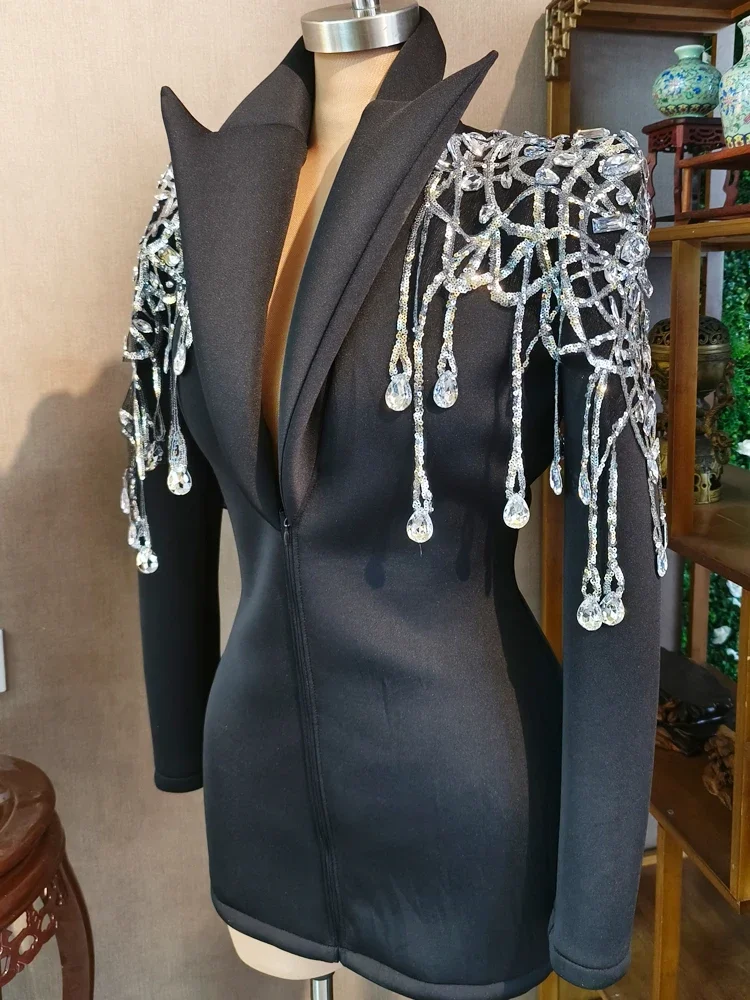 Traje negro de diamantes para mujer, chaqueta ajustada para cantante, vestido de espectáculo de escenario, disfraz de fiesta Drag Queen, regalo de cumpleaños